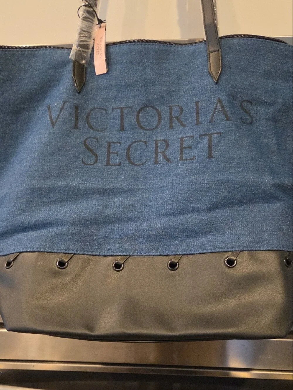 Victoria's Secret Navy Denim Tote with Black Pouch NWT